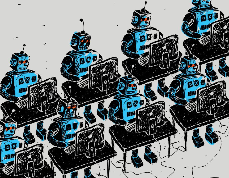 Drawing of robots sitting at rows of desks in front of computers
