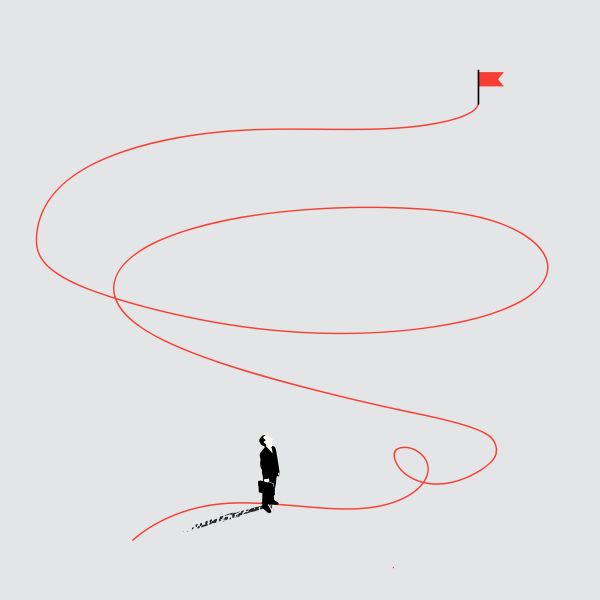 A business man at the beginning of a winding business journey