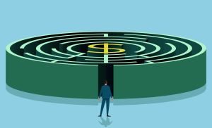 An illustration of a man at the start of a maze leading to money