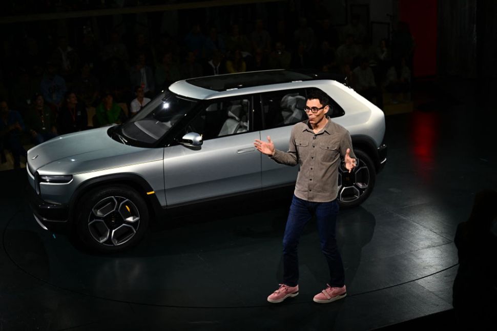 Rivian CEO Robert "RJ" Scaringe speaks at the launch of the Rivian R3 electric vehicle 