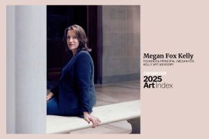 Professional portrait of Megan Fox Kelly, veteran art advisor, looking over her shoulder and smiling. The image includes "Observer 2025 Art Index" branding with her name and title "Founder & Principal, Megan Fox Kelly Art Advisory" on the right side.