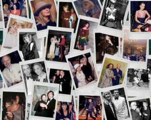 A collage featuring photographs of celebrities, socialites, and fashionable guests attending various events and parties at The Pierre hotel in New York City over the past 95 years. The black-and-white and color images showcase elegant attire, joyful moments, and the timeless glamour associated with the legendary venue.